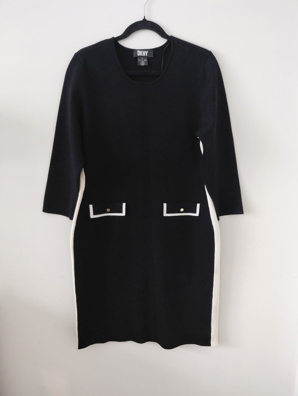 DKNY Black Knit Long-Sleeve Sheath Dress with White Trim